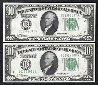 (2) CONSECUTIVE FR. 2002-B 1928-B $10 FRN’S NEW YORK, NY CHOICE UNCIRCULATED - Image 1 of 2