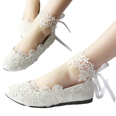 White Ivory Lace Pearl Wedding shoes Bridal bridesmades flats ankle straps pump - Image 1 of 4