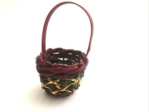 Vintage Miniature Decorative Wicker Basket Ornament Red Gold Burgundy 4"x3" Cover