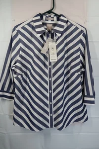 Camicia Chico's taglia 2PL senza ferro a righe con bottoni davanti manica 3/4 NUOVA casual spiaggia - Foto 1 di 9