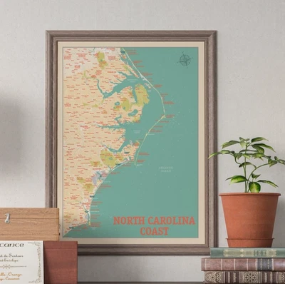Vintage Beach Poster, North Carolina Coast Map Print, Coastal Wall Art Decor - Image 1 of 3