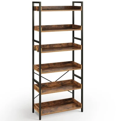 Bookshelf 6 Tier with 4 Hooks, Industrial Wood Bookcase, Vintage Storage Rack... - Image 1 of 4