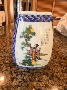Vintage chinesische Song Dynastie Damen Garten Gedicht Sechseck Porzellan Pinsel Topf Vase - Bild 1 von 8