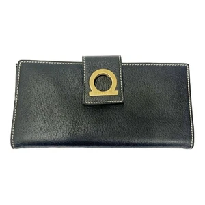 Salvatore Ferragamo long wallet Gancini Black Leather Gold Made in Italy Used - Picture 1 of 10