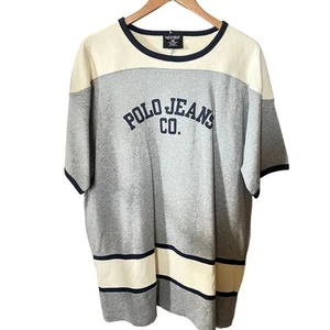 Polo Jeans Co. Ralph Lauren VTG Knit T Shirt Mens Gray Navy Striped Spellout L - Picture 1 of 8