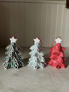 3 Ribbon Candy Trees Red, Green & White Peppermint 4.5" Lit Christmas Ornaments - Picture 1 of 13
