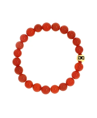 Bracciale perle 6 mm agata rossa unisex elastico logo argento 925 placcato oro - Immagine 1 di 3