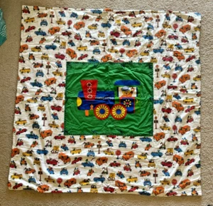 BABY QUILT-TRAIN, TRUCKS, BUSES & CARS RED FLANNEL BACKING HAND TIED 41.5 x 42 - Picture 1 of 6