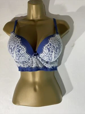 Womens New Look Uk 34C Blue White Lace Padded Underwired Boned Push Up Bra - Image 1 of 4
