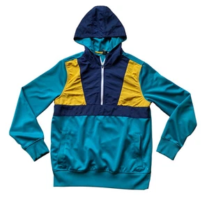 Version Zip Up Pocket Medium Blue Color Block Hooded Sweatshirt - Picture 1 of 5