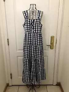 NWT Who What Wear Navy and Cream Gingham Sleeveless Tiered Maxi Dress Size Small - Picture 1 of 7