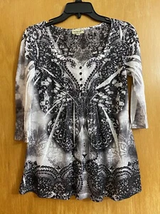 One World Brand Ladies Top Size Petite Medium 3/4 Sleeve Black/Gray Print - Picture 1 of 5