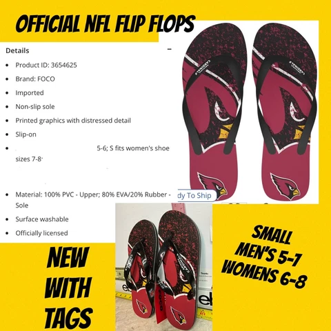 NFL ARIZONA CARDINALS Flip Flops Sandals Unisex Size Small Size 5 6 7 8 Football Cover