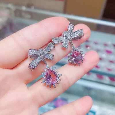 2Ct Pear Lab-Created Pink Sapphire Drop Dangle Earrings 14K White Gold Plated - Image 1 of 3