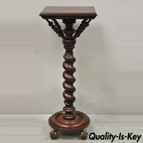 Antique Empire Victorian Walnut Barley Twist Spiral Carved Pedestal Stand Cover