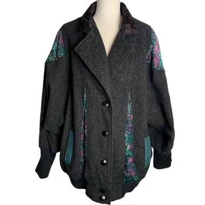 Vintage Oversized Wool Blend Coat 2XL Black Floral Accents Buttons Pockets - Image 1 of 4