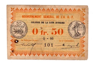 COTE D'IVOIRE IVORY COAST 0,5 FRANC 1917 P1 WESTAFRIKA Französisch Sehr guter Zustand + - Bild 1 von 2