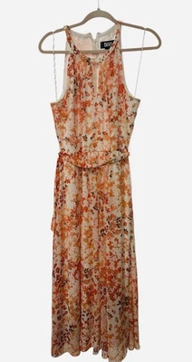 DKNY Floral Printed Chiffon Halter Midi Dress 14 Peach And Brown Lined - Image 1 of 4