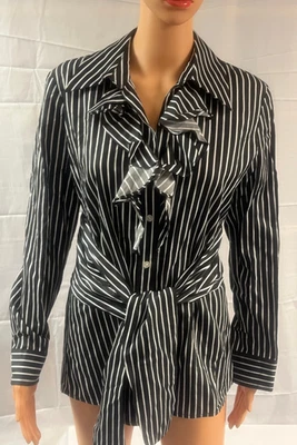 Blusa feminina Jones New York preta/branca listrada babado acento algodão tamanho P - Imagem 1 de 4