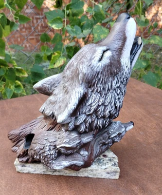 Estatua de cerámica busto cabeza de lobo aullador de colección con escultura de cachorros base de mármol de 10" Foto 1 de 4