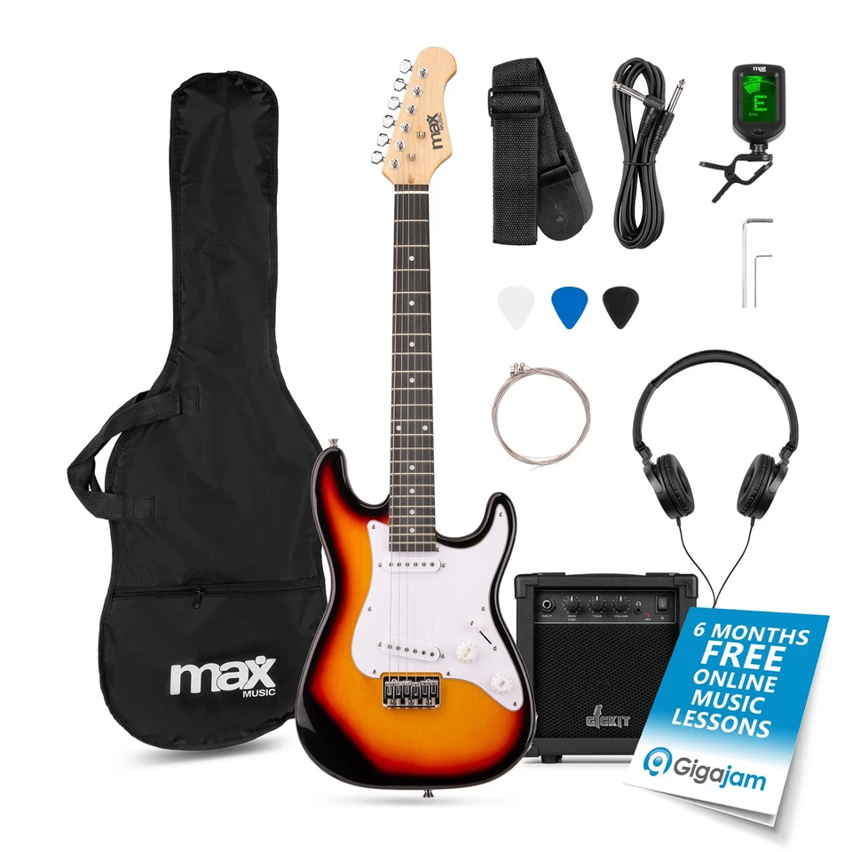 MAXMUSIC GigKit Junior Electric Guitar for Kids and Amp, Tuner, Bag, Strap - 3/4 Sunburst