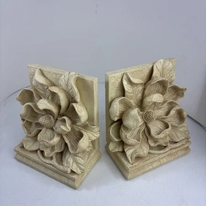 CBK Ltd Vintage 1998 Beige Magnolia Blossom Heavy Resin Bookends - Picture 1 of 7