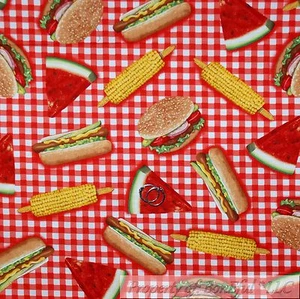 BonEful FABRIC FQ Cotton Quilt Red White Watermelon Hot Dog Corn Cob Hamburger L - Picture 1 of 7