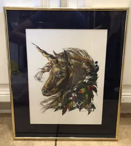 Rare M. Pena UNICORN & Mouse Print 1981, Colored Detailed Sketch 14" x 11" - Picture 1 of 9