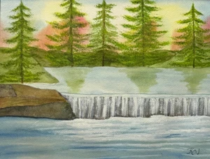 GEMÄLDE AQUARELL 11X14 & PASSEPARTOUT 16X20 WALD BÄUME WASSERFALL FLUSS LANDSCHAFT KUNST - Bild 1 von 2