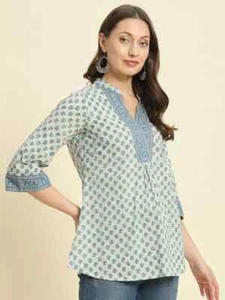 Mujeres Indias Gris Algodón Estampado Geométrico Kurta Kurti Top Túnica Mangas Campana - Imagen 1 de 9