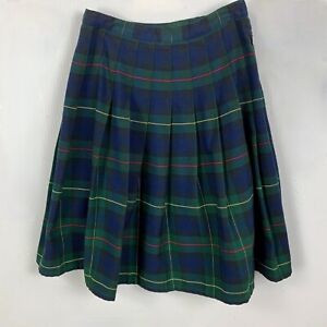 Land End Girls Pleated Uniform Skirt 12S Plaid Hunter Green Blue Machine Wash