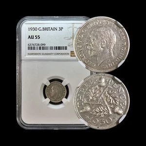 GREAT BRITAIN. 1930, 3 Pence, Silver - NGC AU55 - KGV, Oaks and Acorns - Picture 1 of 5