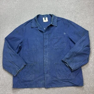VTG French Jacket Adult Large Blue Herringbone Workwear Chore Canvas Mens - Picture 1 of 9
