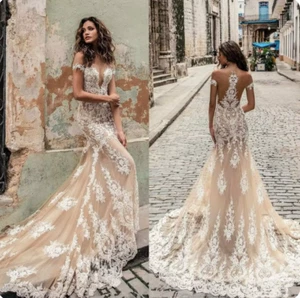 Sexy Mermaid Wedding Dress Appliques Pearls O Neck Lace Bride Gowns Ruched Sweep - Picture 1 of 10