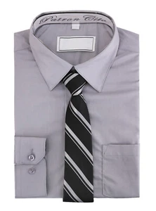 Boys Kids Solid Long Sleeve Button Up Cotton Blend Dress Shirt With Tie Set - Picture 1 of 7