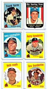 1959 Topps Baseball -lot of 6 #65 126 290 322 396 440 Milwaukee Braves! - Picture 1 of 8