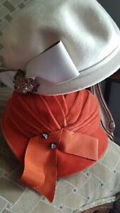 Vintage 1940'S Women'S Hat Lot Of 2, Ivory Wool & Orange Velvet