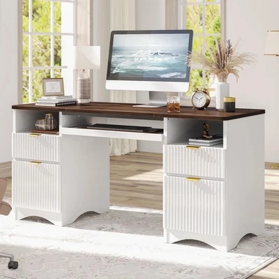 Home Office PC Desk Computer Desk Keyboard Tray 4 Storage Drawers File Cabinets - Image 1 of 4