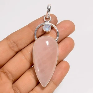 Rose Quartz Moonstone Gemstone Fashion Jewelry 925 Silver Pendant 2.8" ARP-6605 - Picture 1 of 3