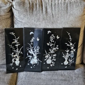 Lot Of 4 Japanese/Black Laquered Wood/Chiseled Mother Of Pearl Inlay/Wall Decor - Picture 1 of 10