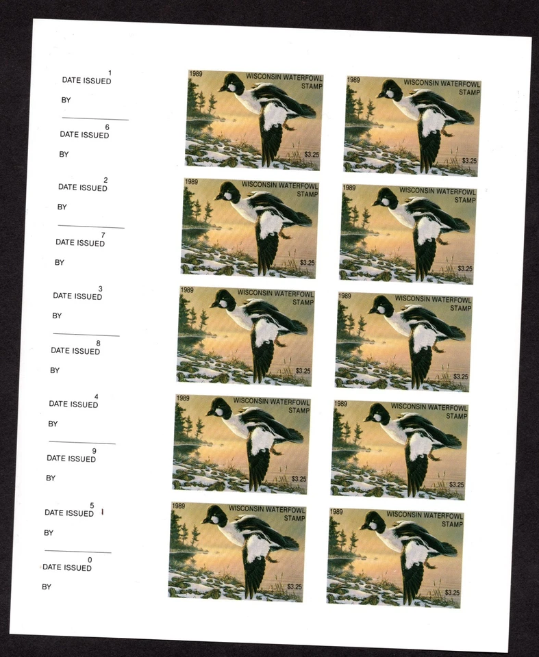 US 1989 DUCK HUNTING STAMPS OF WISCONSIN IMPERF PROOF SHEET OF 10 NEVER HINGED - Image 1 of 2