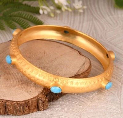 Brazaletes redondos multipiedra enchapados en oro amarillo turquesa piedras preciosas pulsera de latón Foto 1 de 4