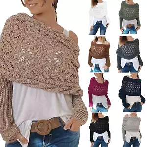 Knitted Cable Wrap Sweater Scarf with Sleeves for Women Boho Pashmina Scarf Cape - Picture 1 of 21