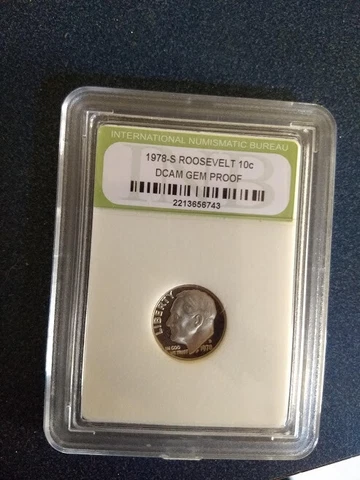 1978 S GEM PROOF Roosevelt Dime. Graded slabbed DCAM INB Numismatic Bureau Cover