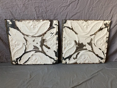 Pair of Antique Tin Ceiling  2' x 2' Shabby Tile 24" SQ Chic VTG Crafts 50-23A Cover