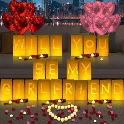 Will You Be My Girlfriend Lighted Letters Sign 21pcs Luminary Paper Bags 2200... - Image 1 of 4