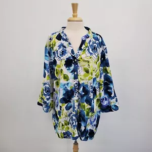 Maggie Barnes Womens Floral Top Size 2X Button Up Blouse 3/4 Sleeve Blue Green - Picture 1 of 15