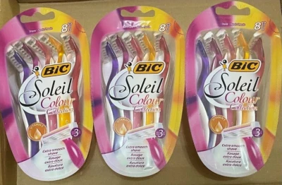 BIC Miss Soleil Colour Collection 3-Blade Razors for Women - Pack of 8 or (2x4).