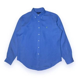 90s Vintage Ralph Lauren 100% Linen Shirt L/S Classic Fit EVC Sz Large Blue - Picture 1 of 9
