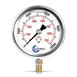 4" Pressure Gauge, Stainless Steel Case, Liquid Filled, Lower Mnt 10000 PSI - Picture 1 of 6